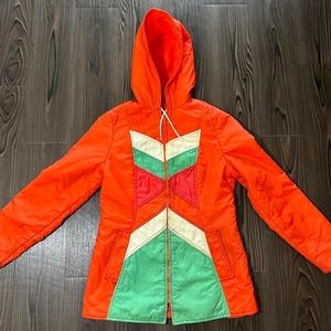 Orange Puffer‎ Jacket with Green and White Stripes